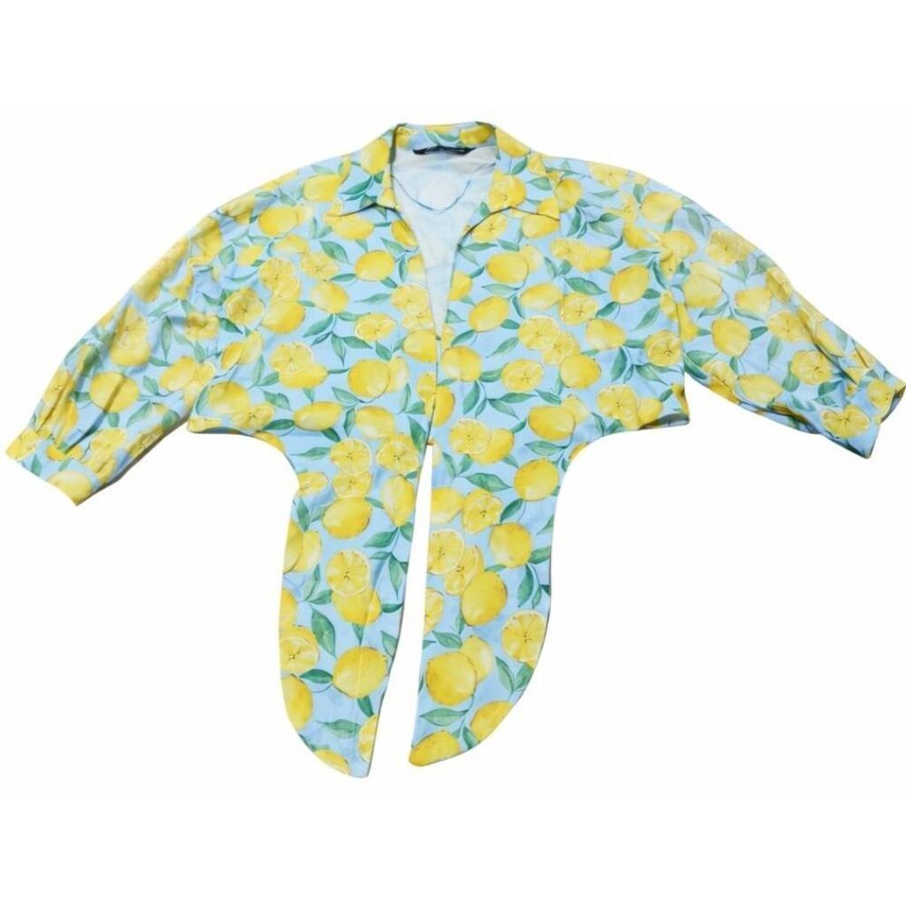 Zara women small silk linen lemon shirt yellow cropped green blue blouse spring